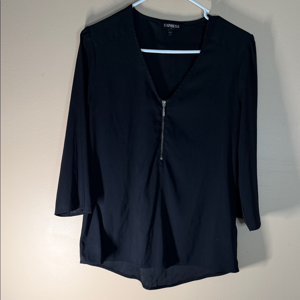 Express Black V-Neck Zip Front Blouse